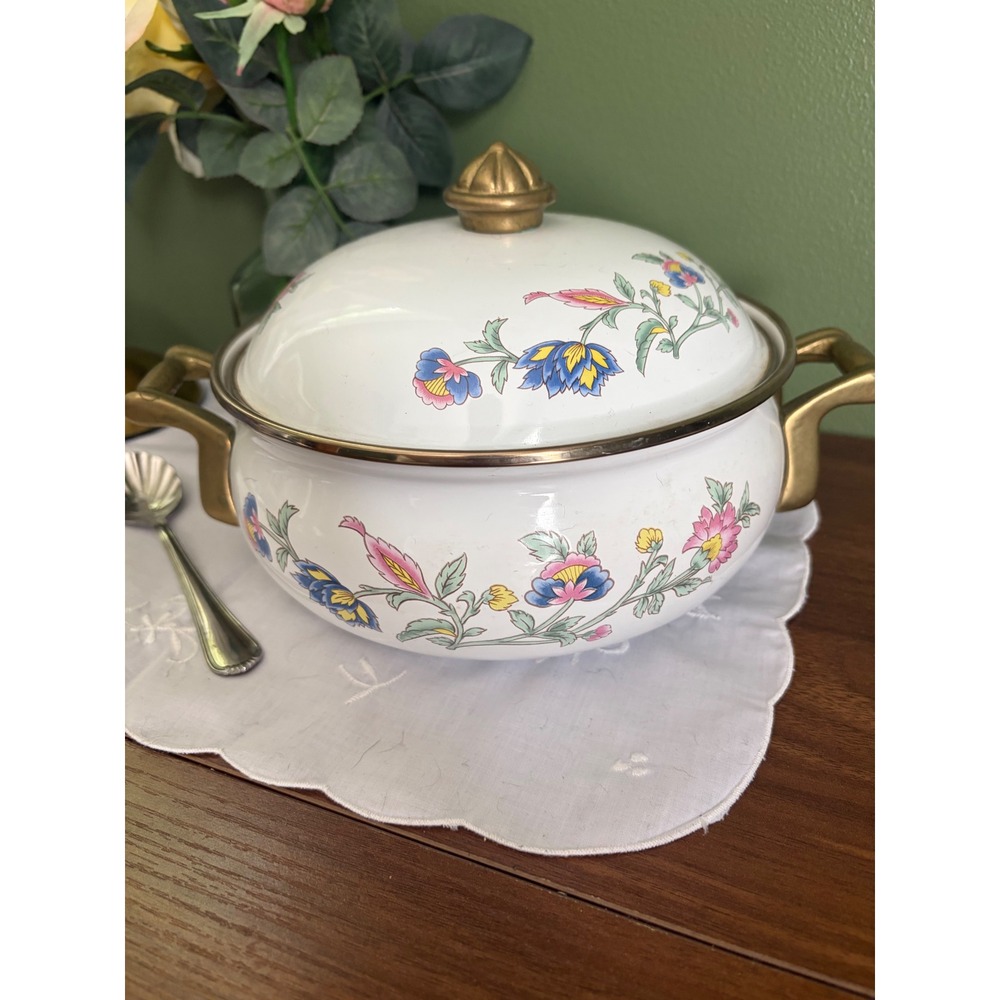 Vintage Floral Enamelware Dutch Oven White Pot with Lid Brass Handles